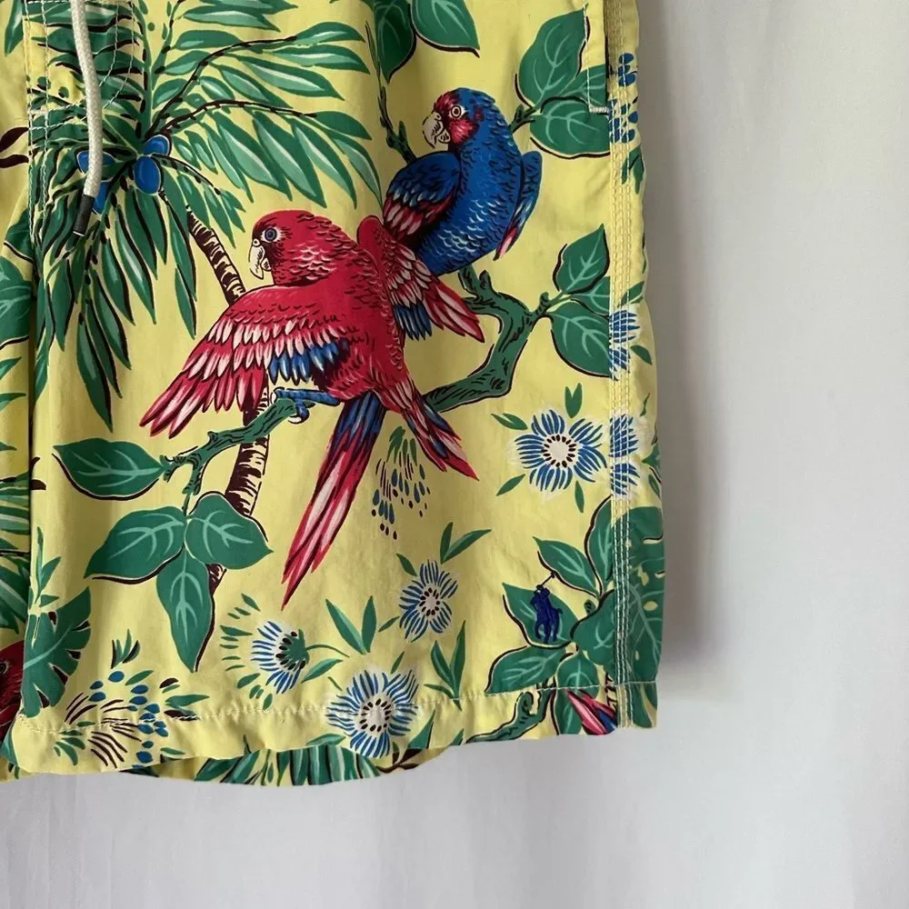 Vintage Polo Ralph Lauren Yellow Tropical Parrot Print Swim Trunks Size M